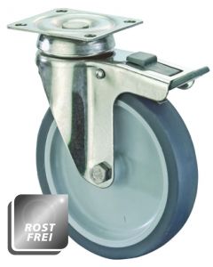 Rostfreie Apparate-Lenkrolle Ø 125 mm 70 kg mit Feststeller und Rückenloch