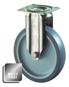 Rostfreie Apparate-Bockrolle auf Kunststofffelge Ø 100 mm 60 kg mit Gleitlager