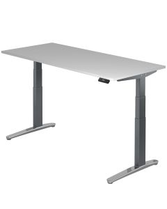 Arbeitstisch elektrisch höhenverstellbar 65-130 cm, Gestell graphit / Fuß Alu poliert, Tischplatte grau