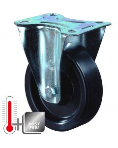 Bockrolle (rostfrei und temperaturbeständig bis 270°) mit thermoplastischen Rad in schwarz Ø 100 mm und 130 kg