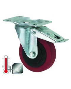 Lenkrolle (rostfrei und temperaturbeständig bis 270°) mit Feststeller und Gummibereifung in rot Ø 100 mm und 80 kg