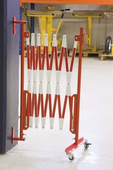 Scherengitter rot/weiß stationär mit Wandbefestigung und Rollenfüßen 3600 mm