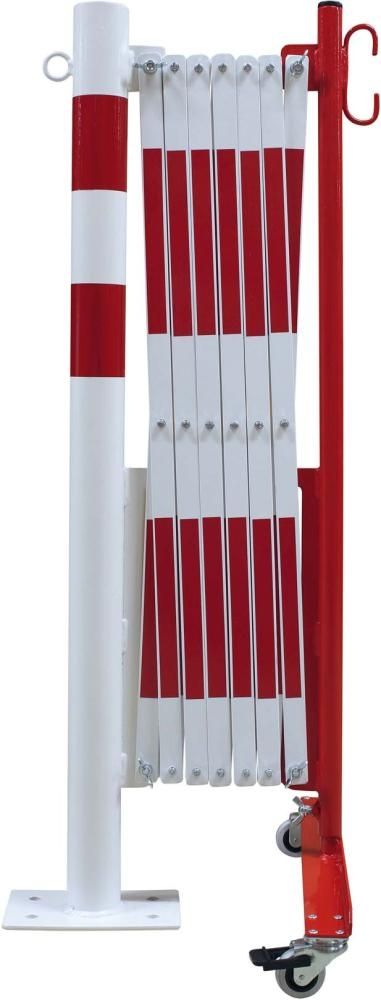 Scherengitter mit Sperrpfosten, rot/weiß, ⌀ 60 mm, Ausziehbereich 3600 mm