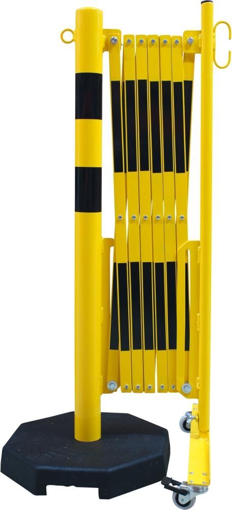 Scherengitter mit mobilen Sperrpfosten, gelb/schwarz, ⌀ 60 mm, Ausziehbereich 3600 mm