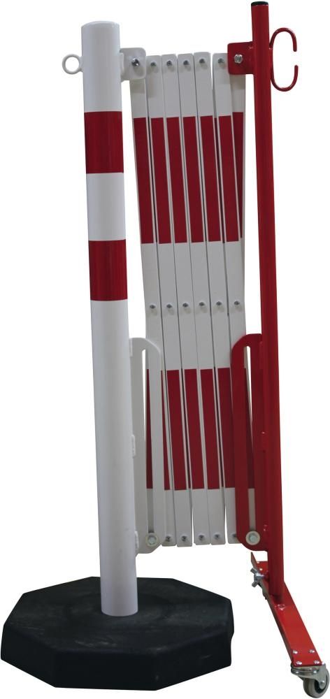 Scherengitter mit mobilen Sperrpfosten, rot/weiß, ⌀ 60 mm, Ausziehbereich 3600 mm