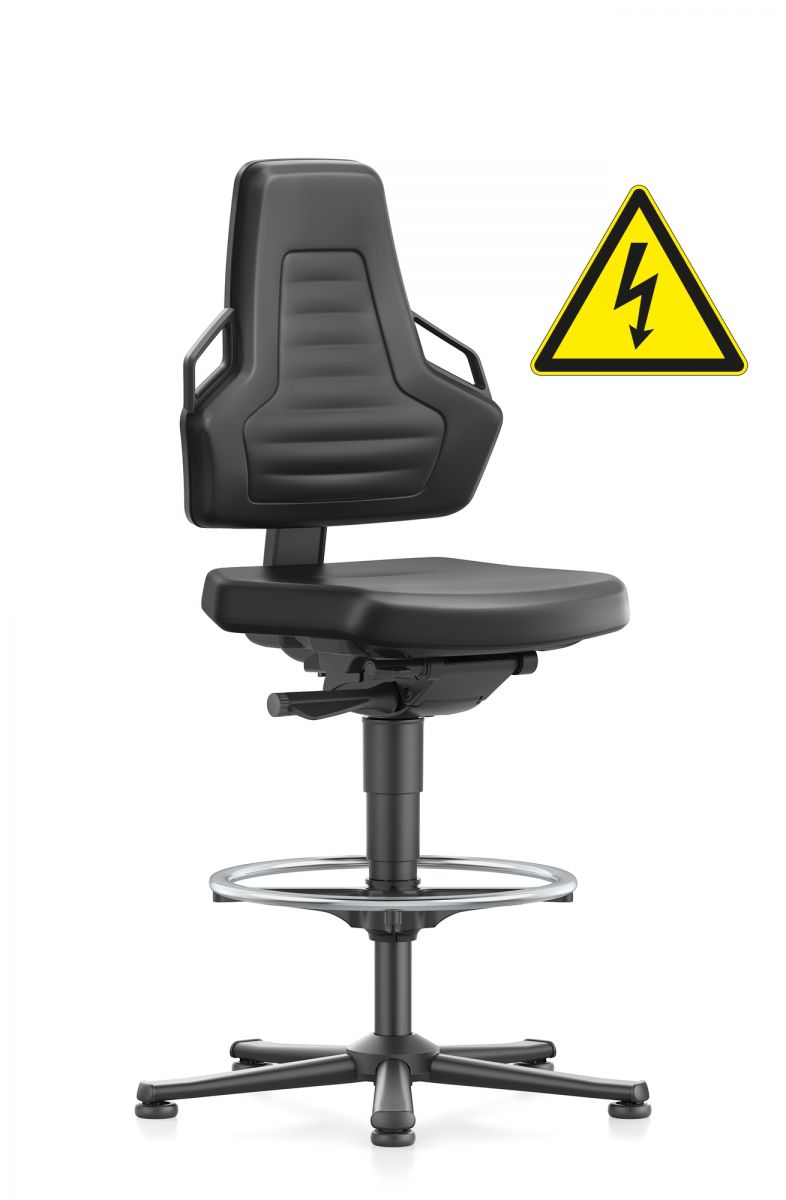 ESD Industriestuhl Nexxit 3 schwarze Griffe Gleiter und Fußring Sitz aus Supertec