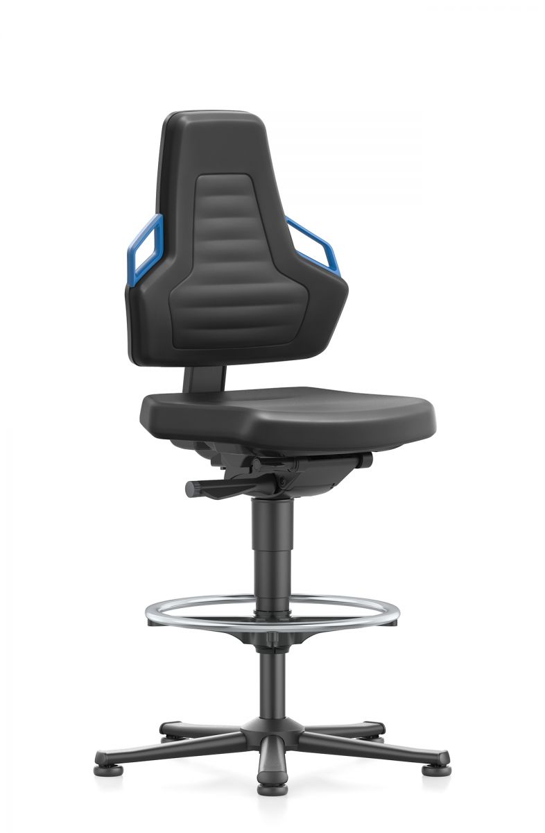 Industriestuhl Nexxit 3 mit blauen Griffen Gleitern und Fußring Sitz aus Integralschaum
