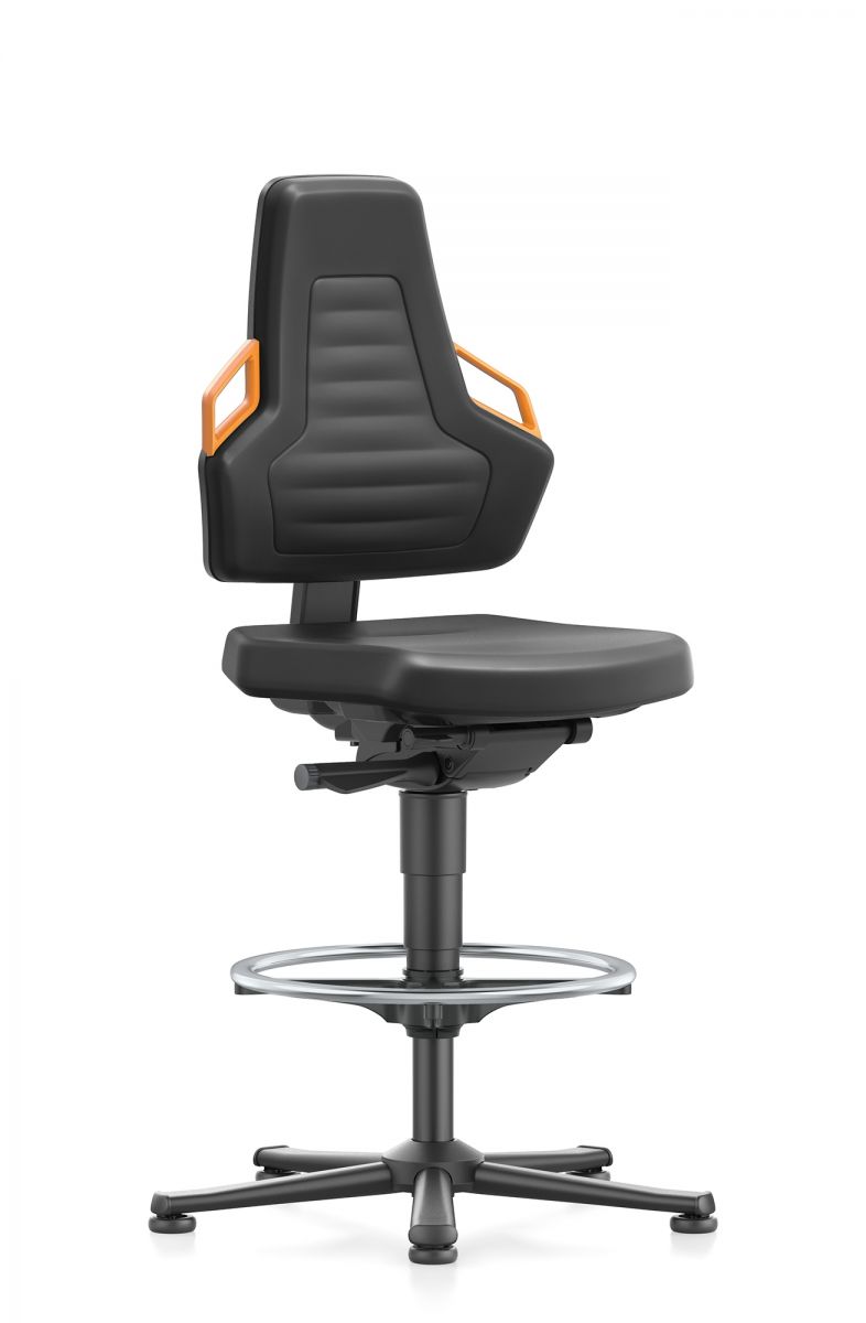 Industriestuhl Nexxit 3 mit orange Griffen Gleitern und Fußring Sitz aus Integralschaum