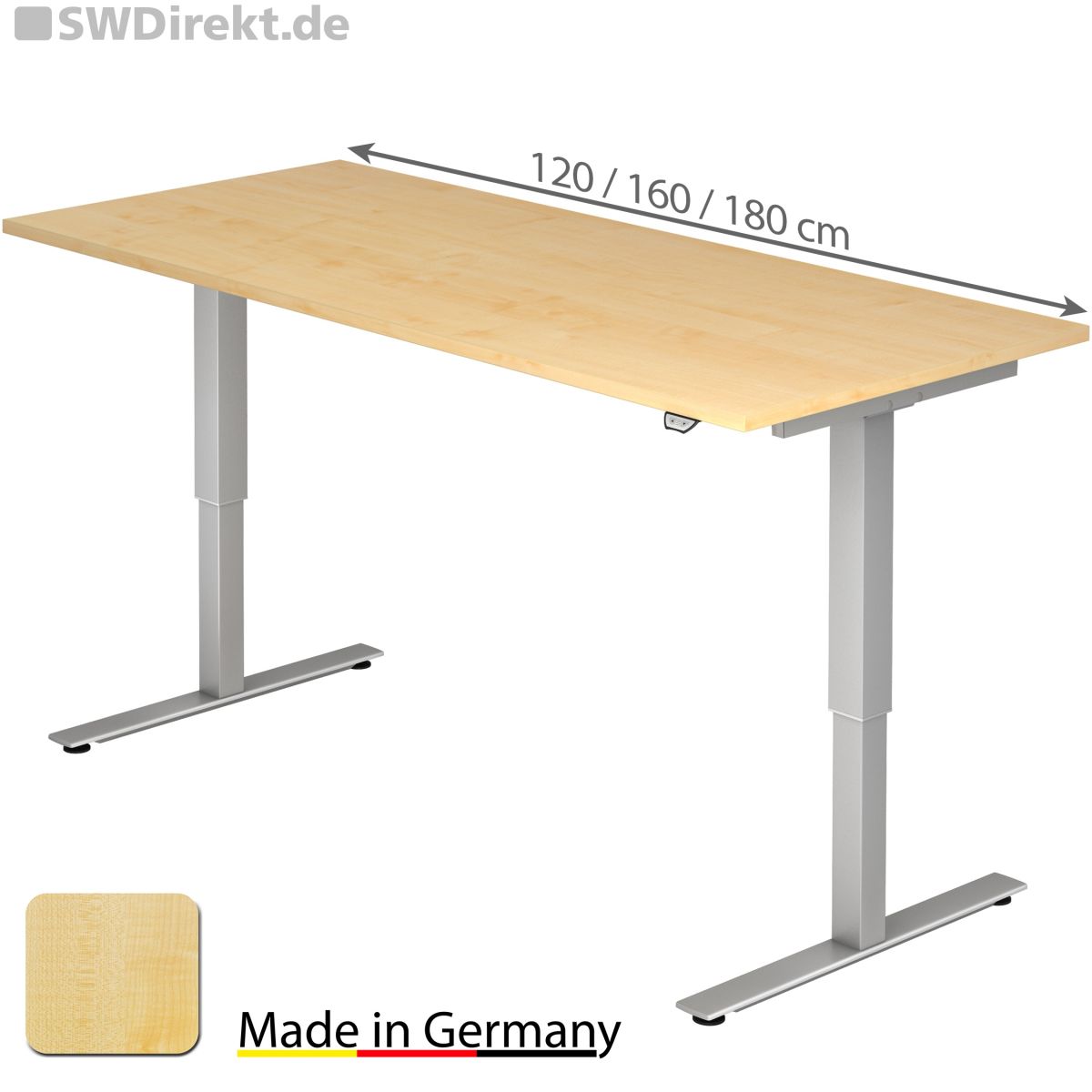 Schreibtisch 180x80 cm, Tischplatte Ahorn Dekor, elektromotorisch höhenverstellbar von 71-120 cm ohne Traverse