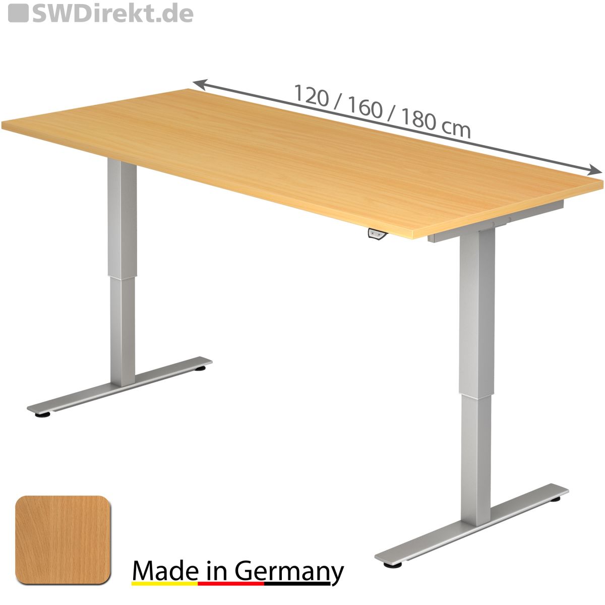 Schreibtisch 120x80 cm, Tischplatte Buche Dekor, elektromotorisch höhenverstellbar von 71-120 cm ohne Traverse