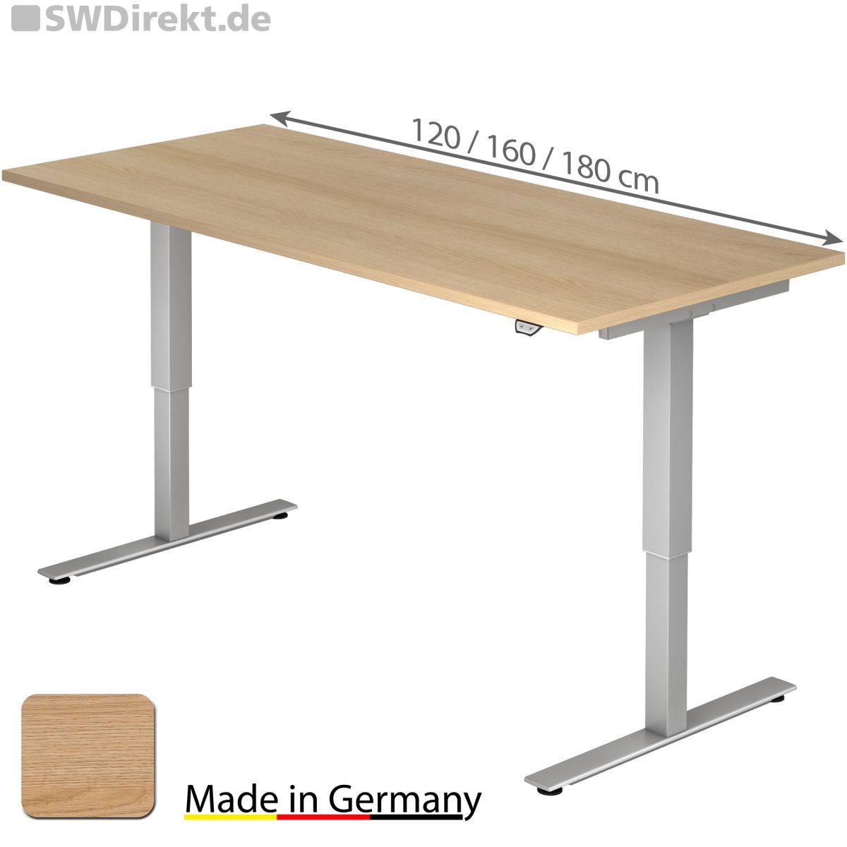 Schreibtisch 180x80 cm, Tischplatte Eiche Dekor, elektromotorisch höhenverstellbar von 71-120 cm ohne Traverse
