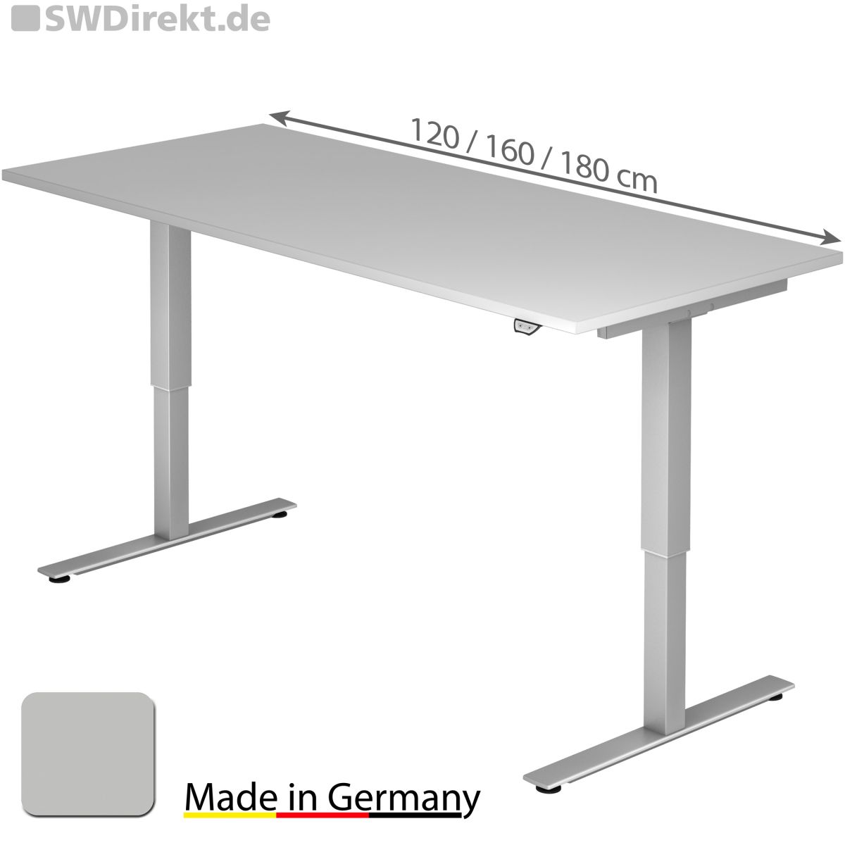 Schreibtisch 180x80 cm, Tischplatte grau, elektromotorisch höhenverstellbar von 71-120 cm ohne Traverse
