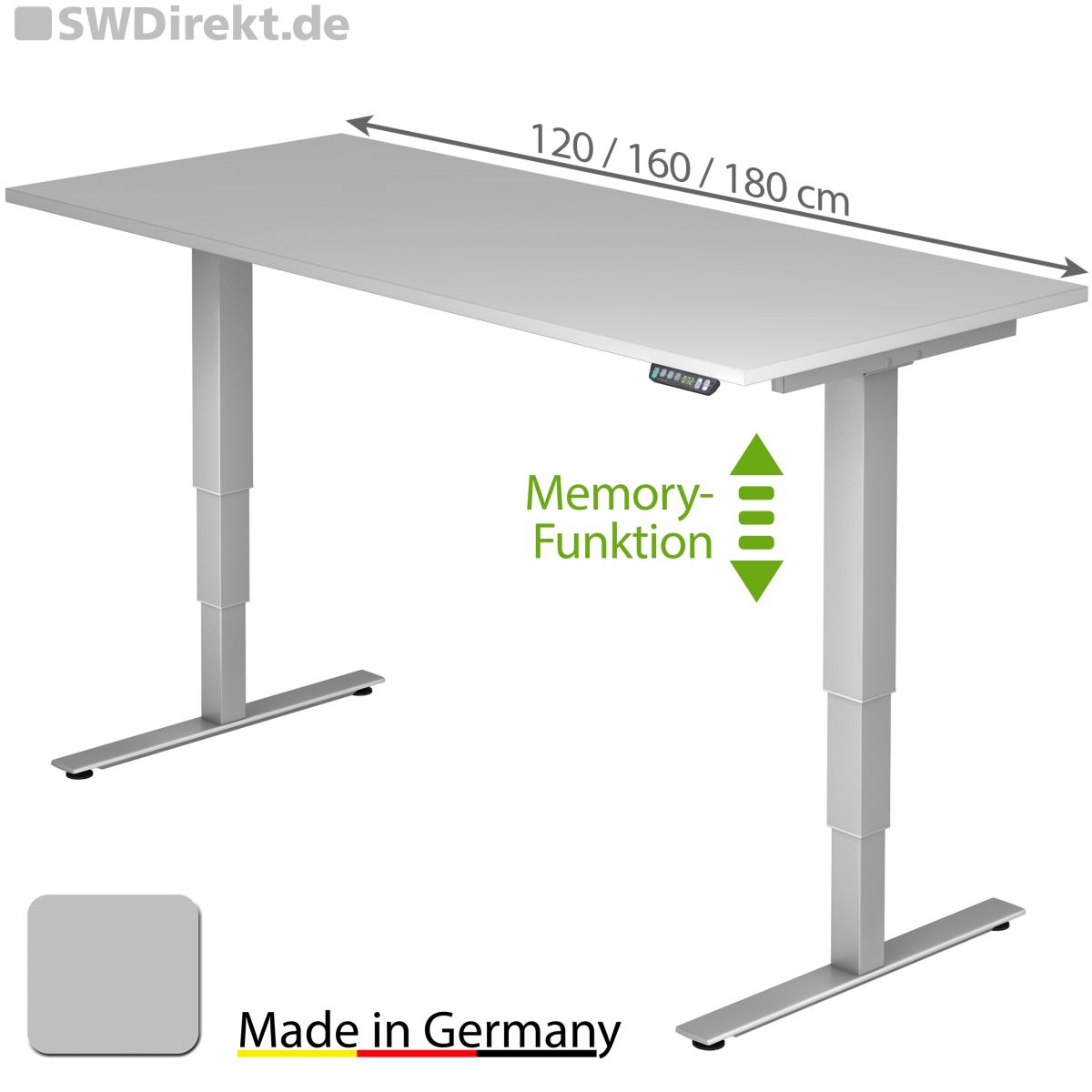 Arbeitstisch elektrisch höhenverstellbar mit Memory-Funktion 120x80 cm, Gestell silber, Tischplatte grau