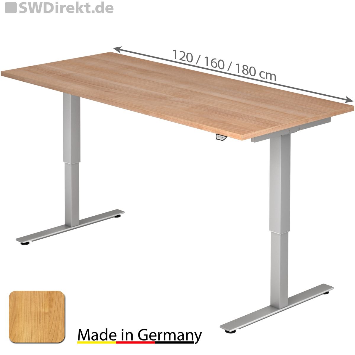 Schreibtisch 180x80 cm, Tischplatte Nußbaum, elektromotorisch höhenverstellbar von 71-120 cm ohne Traverse