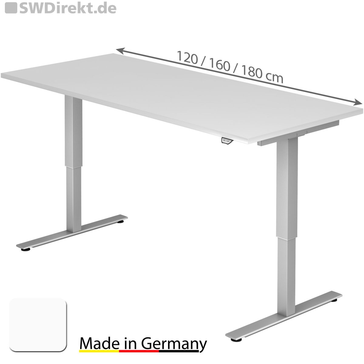 Schreibtisch 180x80 cm, Tischplatte weiß, elektromotorisch höhenverstellbar von 71-120 cm ohne Traverse