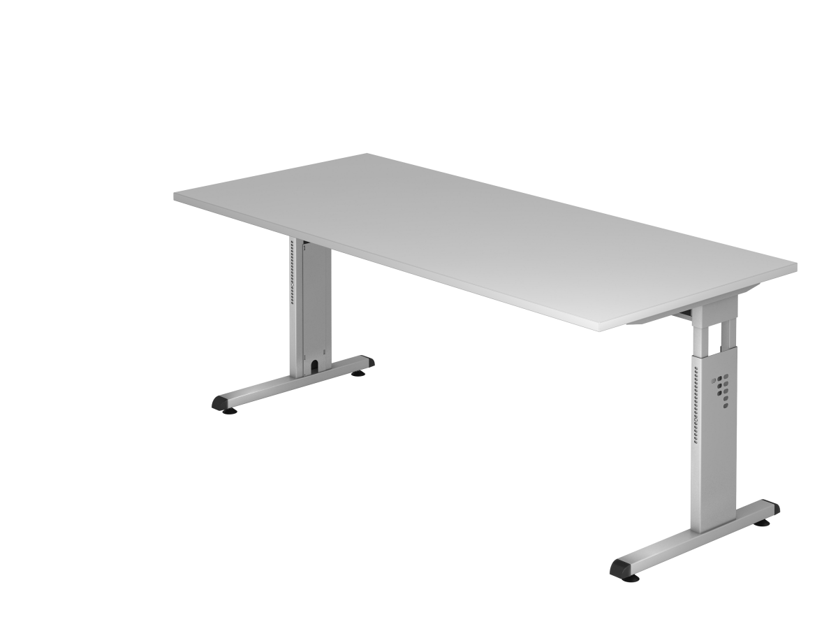 Schreibtisch 180x80 cm mit C-Fuß-Gestell silber, Platte grau