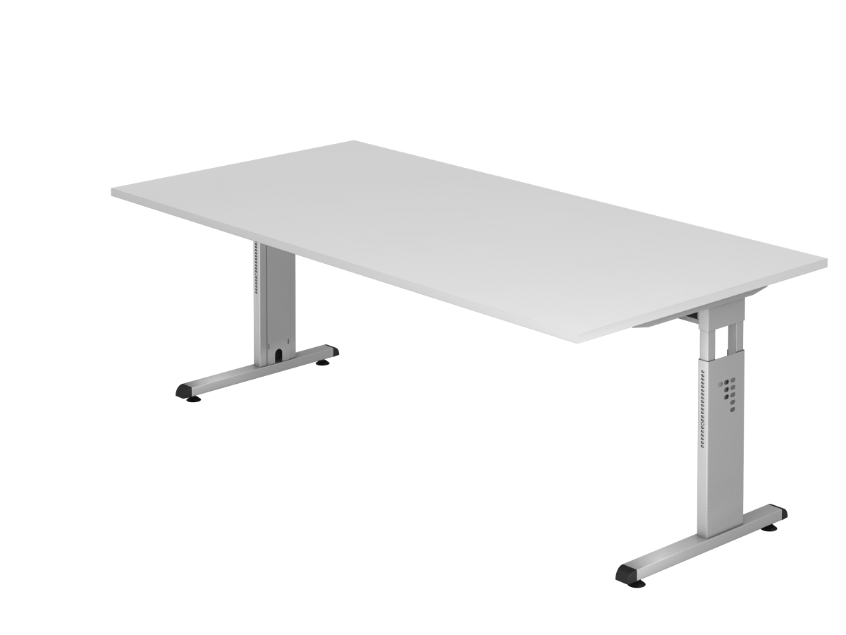 Schreibtisch 200x100 cm mit C-Fuß-Gestell silber, Platte weiß Dekor