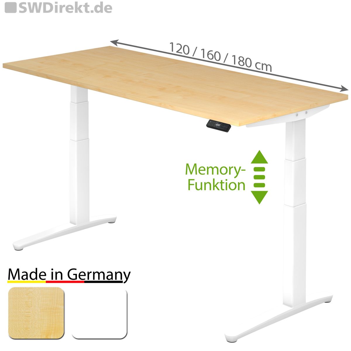höhenverstellbarer Schreibtisch mit Memory-Schalter 160x80 cm Tischplatte Ahorn, Gestell weiß