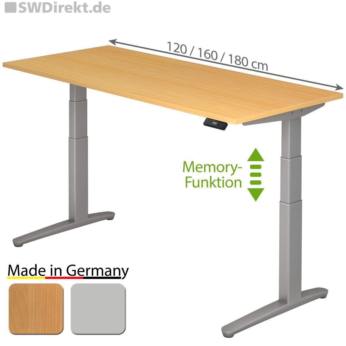 Arbeitstisch 180x80 cm elektromotorisch höhenverstellbar inkl. Memory-Funktion, Fußgestell in silber, Tischplatte Buche Dekor