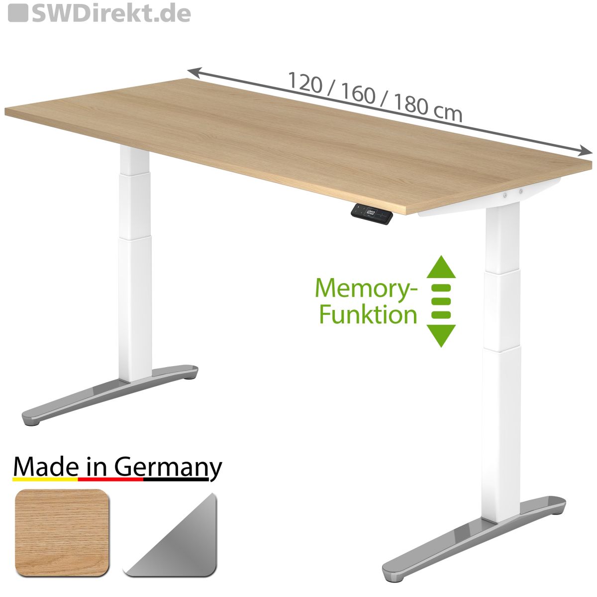 höhenverstellbarer Schreibtisch mit Memory-Schalter 120x80 cm Tischplatte Eiche / Gestell weiß/Alu-poliert