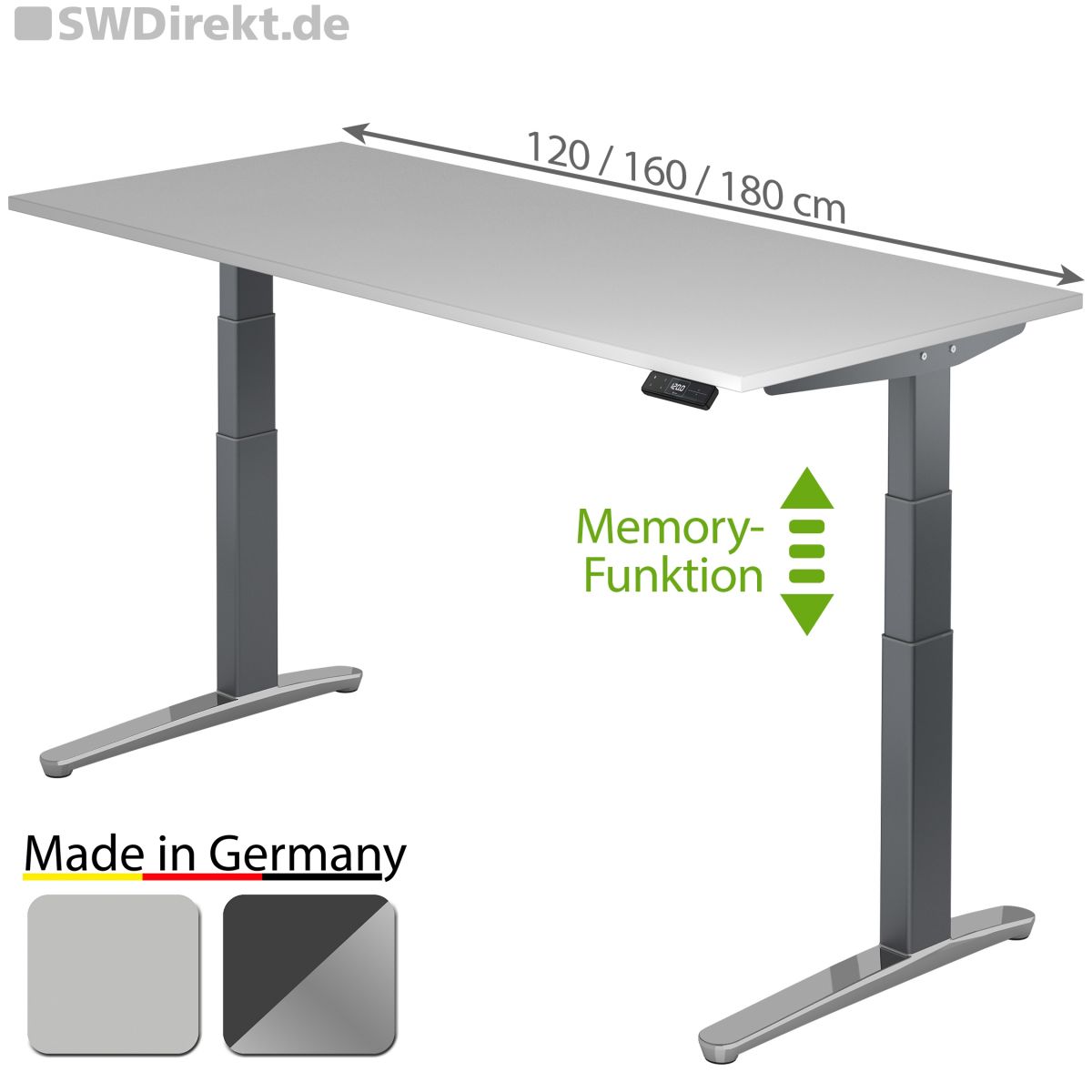 Schreibtisch höhenverstellbar mit Memory-Schalter 160x80 cm Tischplatte grau, Gestell graphit/Alu-poliert