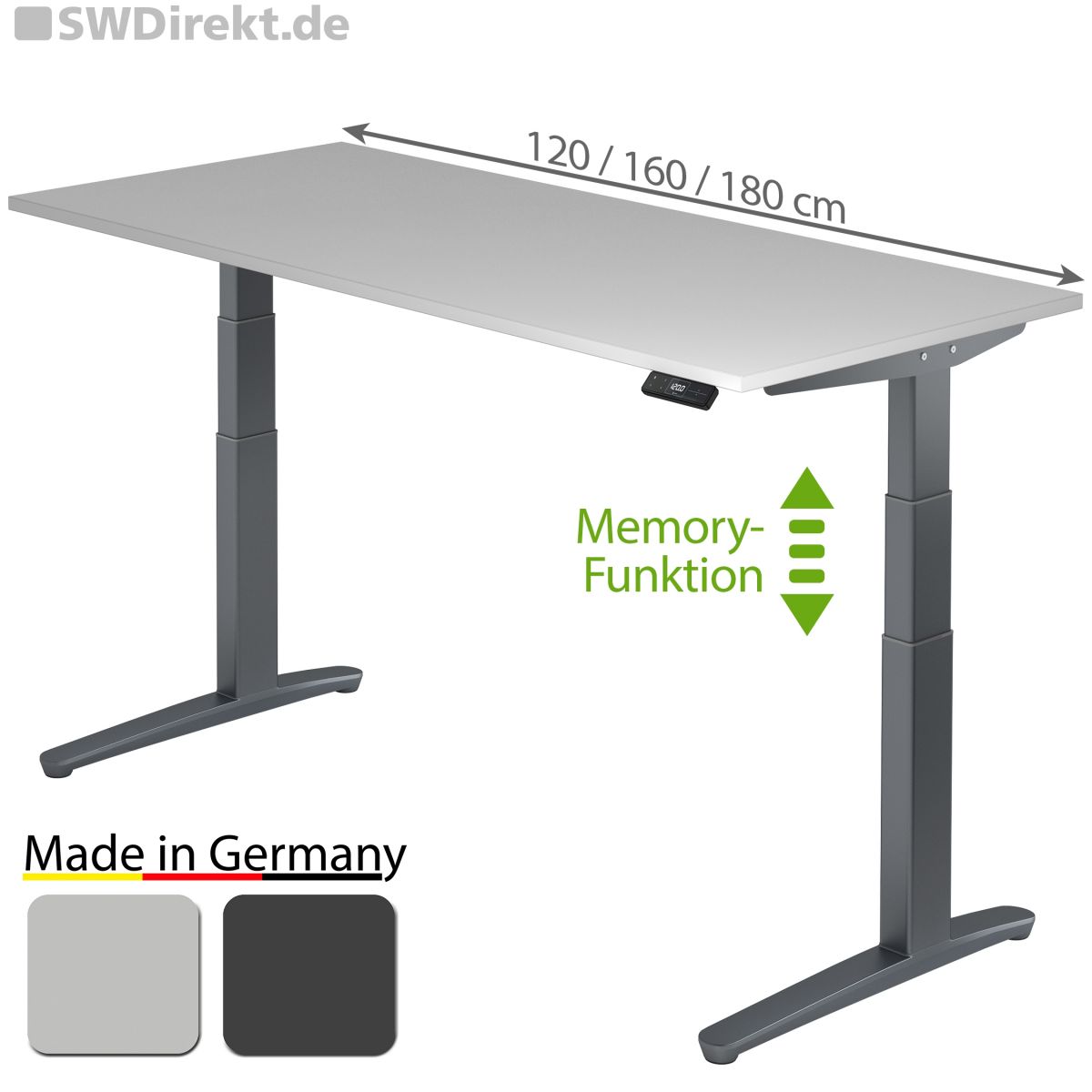 Arbeitstisch 160x80 cm elektromotorisch höhenverstellbar inkl. Memory-Funktion, Fußgestell in graphit, Tischplatte grau
