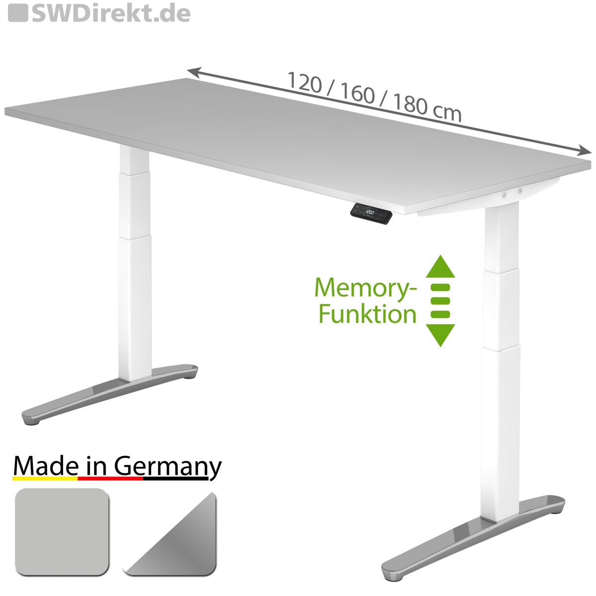 Schreibtisch höhenverstellbar mit Memory-Schalter 120x80 cm Tischplatte grau, Gestell weiß/Alu-poliert