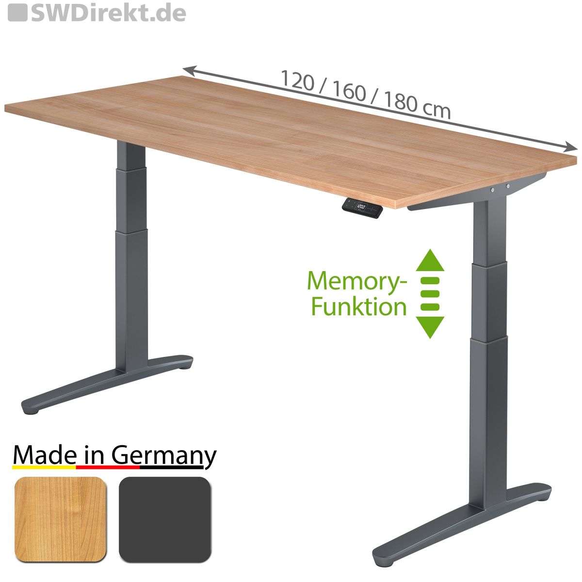 Arbeitstisch 120x80 cm elektromotorisch höhenverstellbar inkl. Memory-Funktion, Fußgestell in graphit, Tischplatte Nußbaum