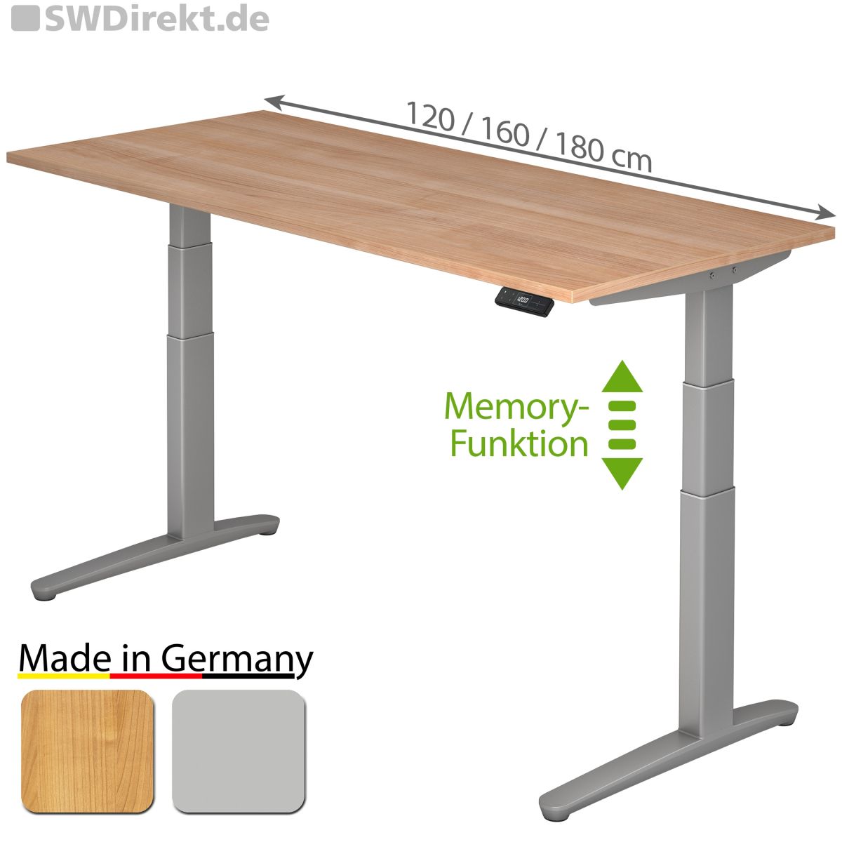 Arbeitstisch 120x80 cm elektromotorisch höhenverstellbar inkl. Memory-Funktion, Fußgestell in silber, Tischplatte Nußbaum Dekor