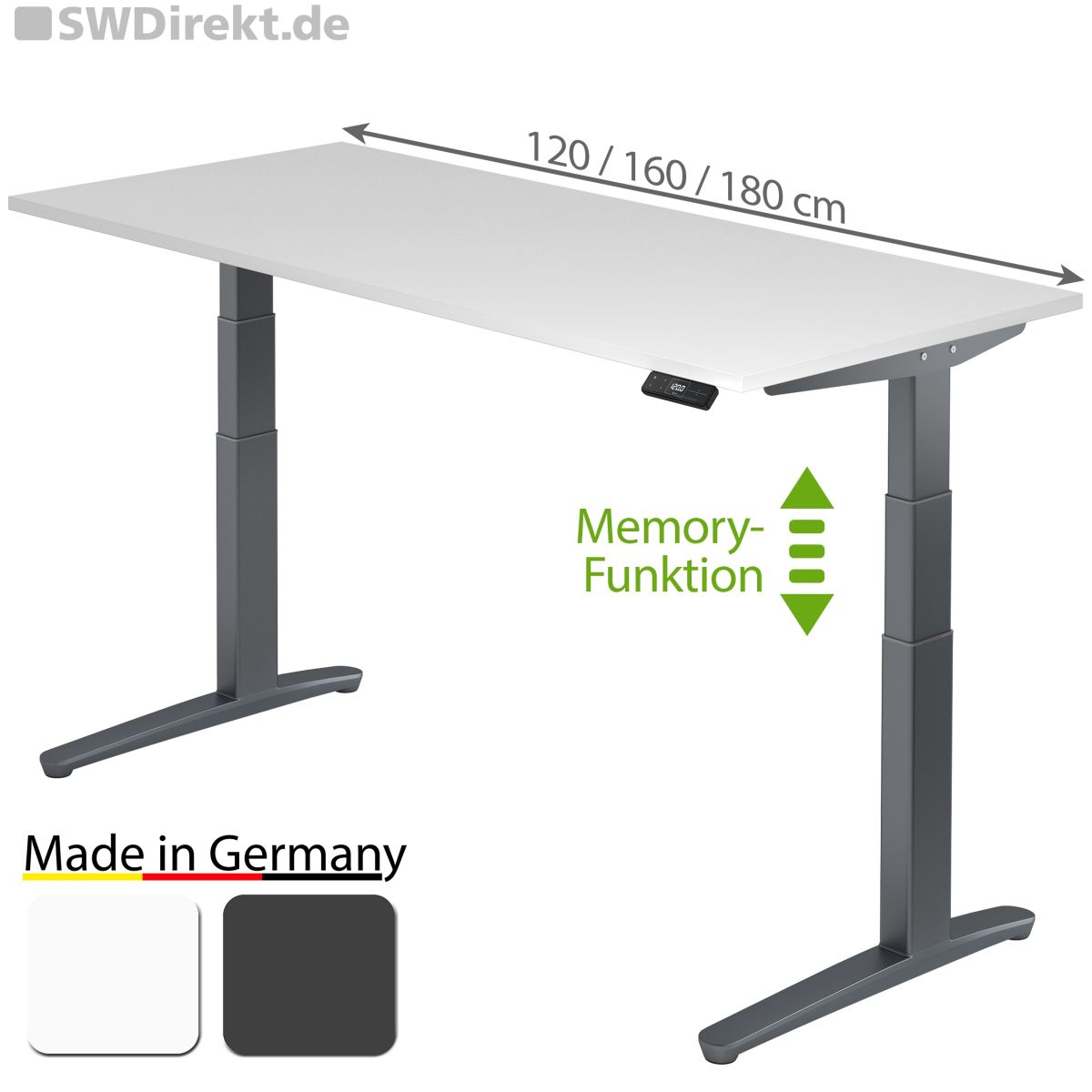 Arbeitstisch 120x80 cm elektromotorisch höhenverstellbar inkl. Memory-Funktion, Fußgestell in graphit, Tischplatte weiß