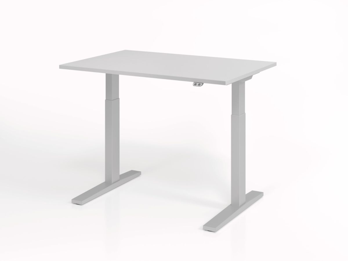 Arbeitstisch elektrisch höhenverstellbar Basic mit 2 Tast-Schalter 120x80 cm, Tischplatte grau, Gestell silber
