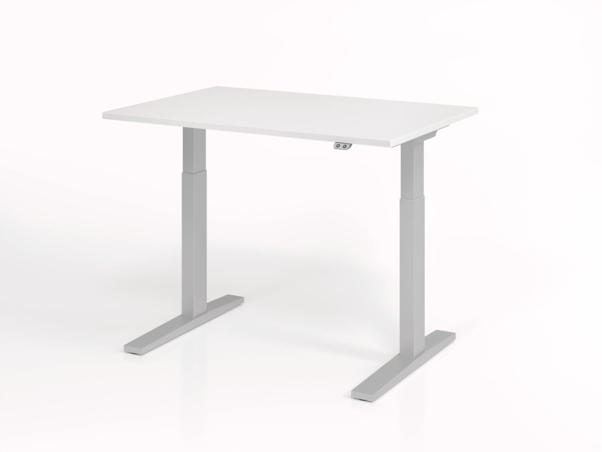 Arbeitstisch elektrisch höhenverstellbar Basic mit 2 Tast-Schalter 120x80 cm, Tischplatte weiß, Gestell silber