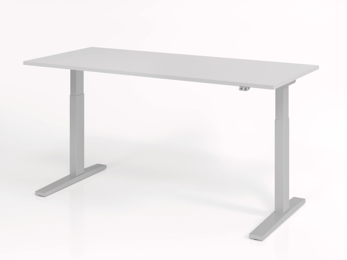 Arbeitstisch elektrisch höhenverstellbar Basic mit 2 Tast-Schalter 180x80 cm, Tischplatte grau, Gestell silber
