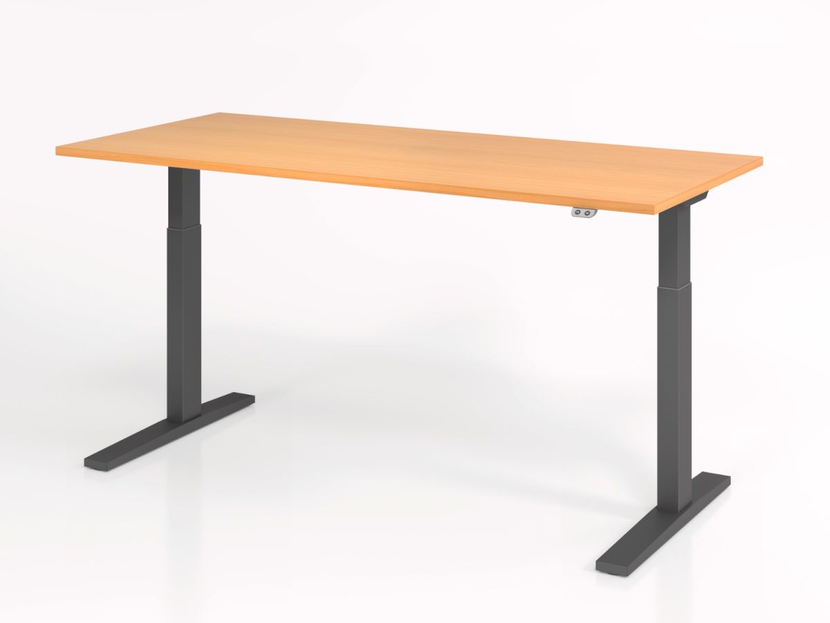Arbeitstisch elektrisch höhenverstellbar Basic mit 2 Tast-Schalter 180x80 cm, Tischplatte Nußbaum Buche, Gestell graphit